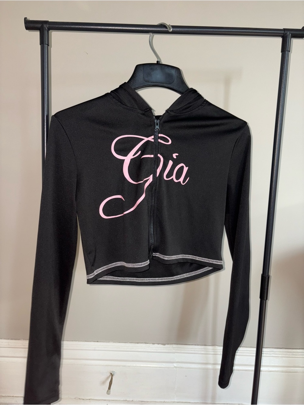 I.AM.GIA Black Cropped Zip Hoodie with Pink Script